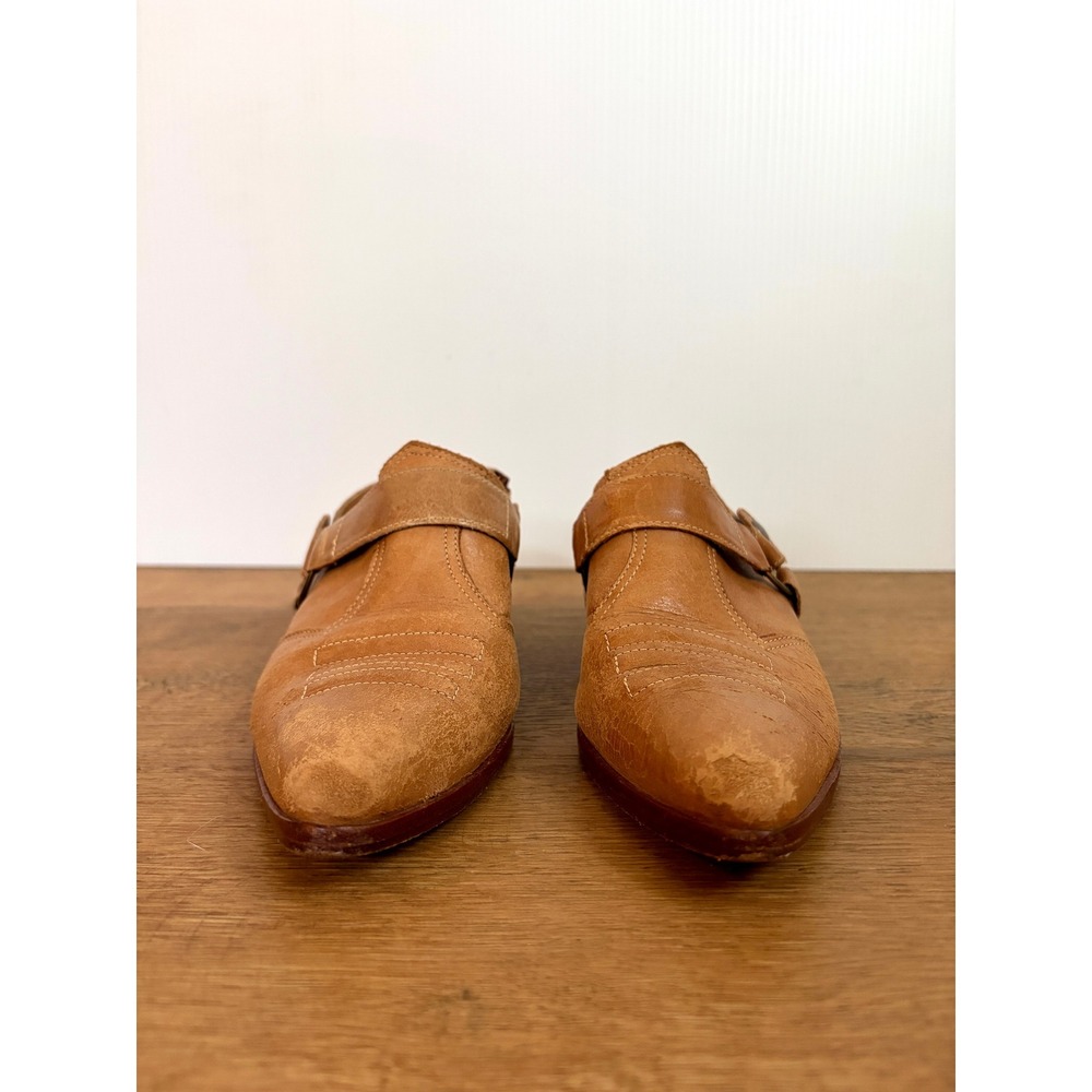 Vintage Circles Tan Leather Western Slingback Mules Size 7 Boho Cowgirl Heels - Picture 3 of 8